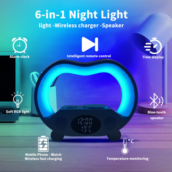 2025 New 6 In 1 Smart Remote Control Bluetooth-compatible Ambience Intelligent LED Table Lamp Multi-function Wireless Charger Night Light Bluetooth-compatible Speaker